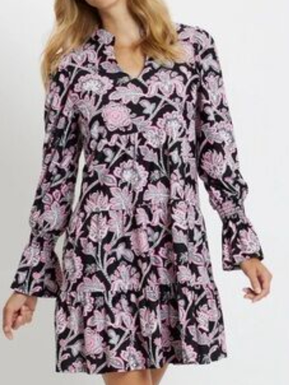 Jude Connally Black Mini Dress with Pink Floral Motif Size M